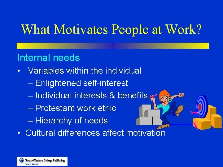 What Motivates People at Work? Internal needs • Variables within the individual – Enlightened