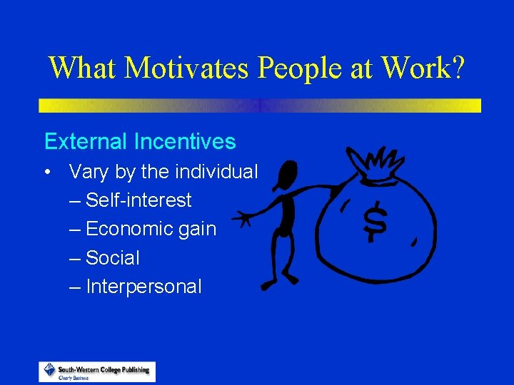 What Motivates People at Work? External Incentives • Vary by the individual – Self-interest