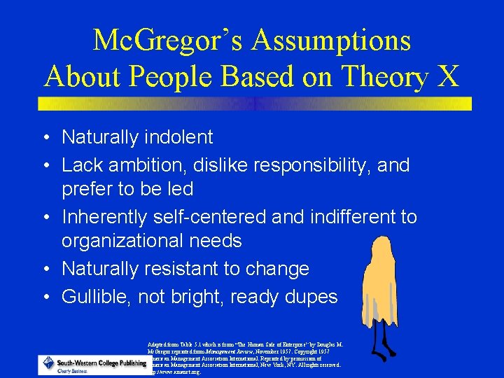 Mc. Gregor’s Assumptions About People Based on Theory X • Naturally indolent • Lack