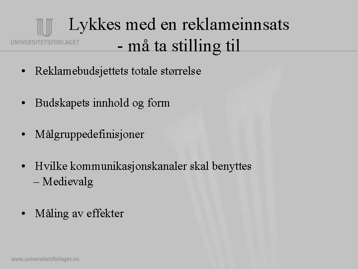 Lykkes med en reklameinnsats - må ta stilling til • Reklamebudsjettets totale størrelse • Lykkes med en reklameinnsats - må ta stilling til • Reklamebudsjettets totale størrelse •