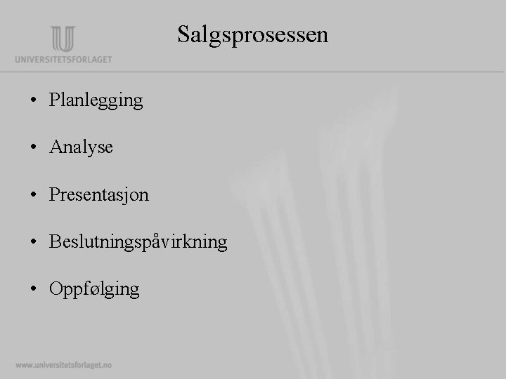 Salgsprosessen • Planlegging • Analyse • Presentasjon • Beslutningspåvirkning • Oppfølging Salgsprosessen • Planlegging • Analyse • Presentasjon • Beslutningspåvirkning • Oppfølging