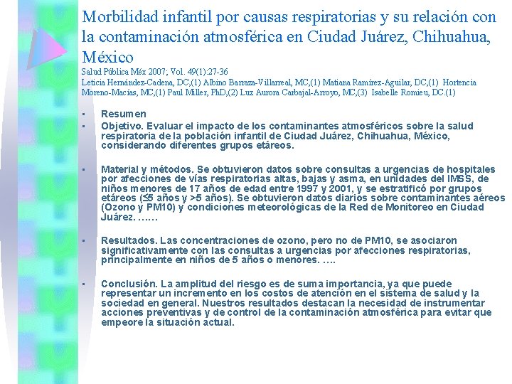 Morbilidad infantil por causas respiratorias y su relación con la contaminación atmosférica en Ciudad