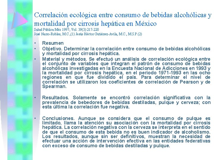 Correlación ecológica entre consumo de bebidas alcohólicas y mortalidad por cirrosis hepática en México