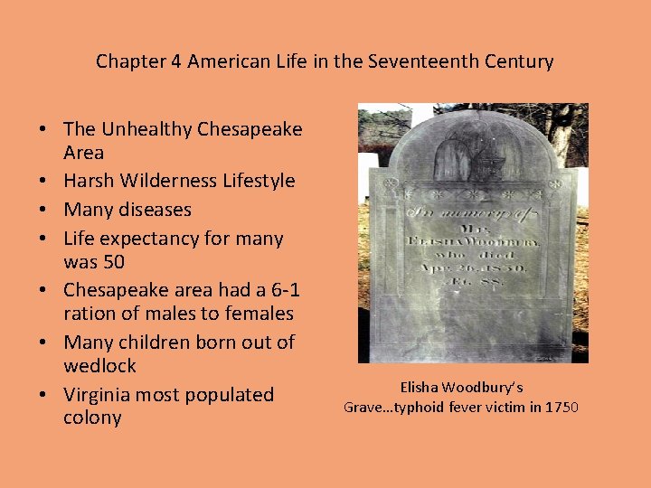 Chapter 4 American Life in the Seventeenth Century • The Unhealthy Chesapeake Area •
