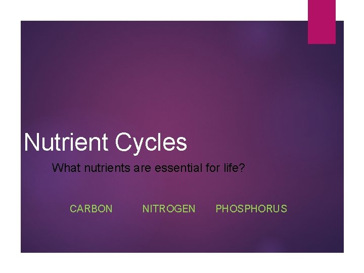 Nutrient Cycles What nutrients are essential for life? CARBON NITROGEN PHOSPHORUS 