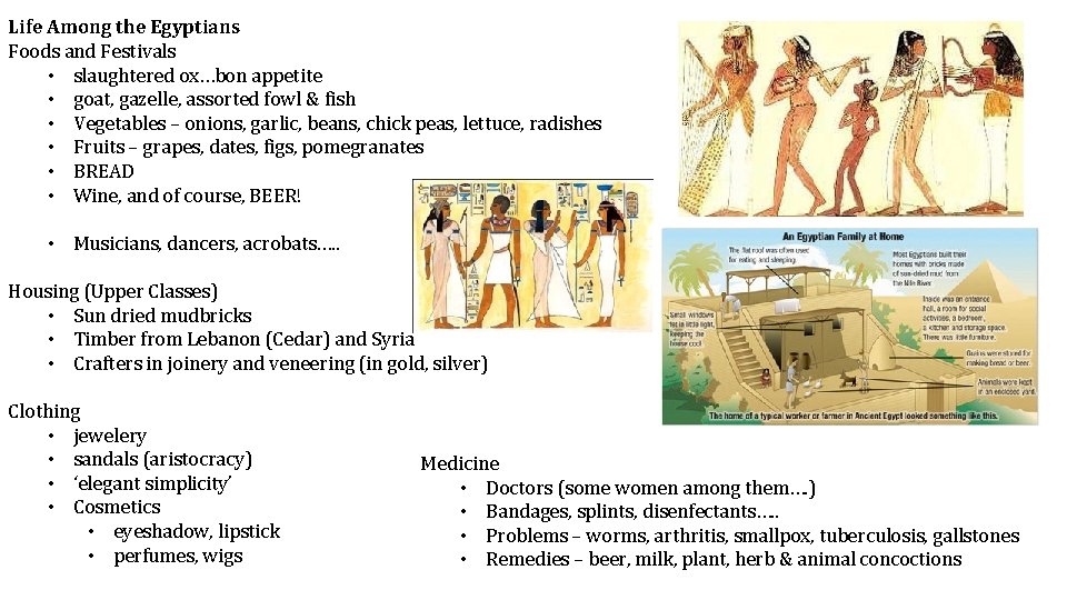 Life Among the Egyptians Foods and Festivals • slaughtered ox…bon appetite • goat, gazelle,