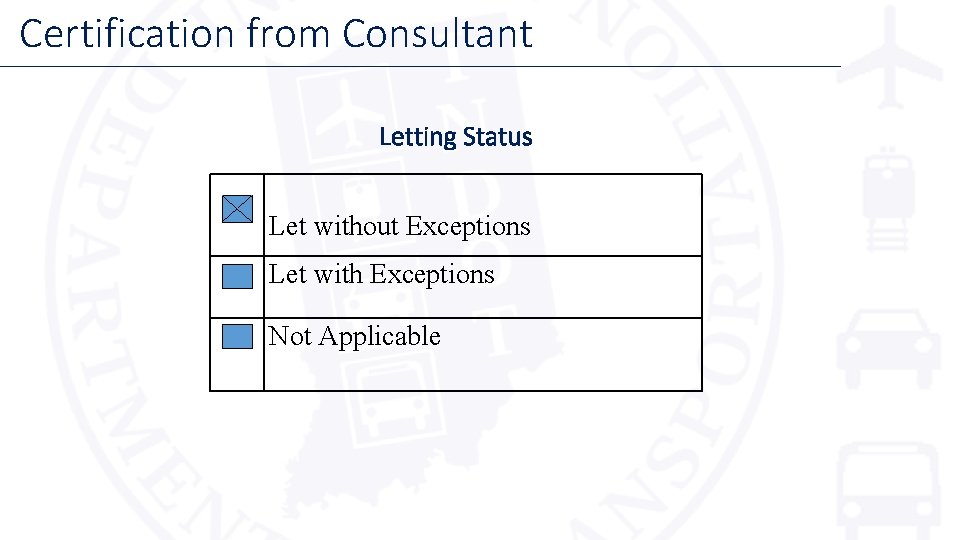 Certification from Consultant Letting Status Let without Exceptions Let with Exceptions Not Applicable 