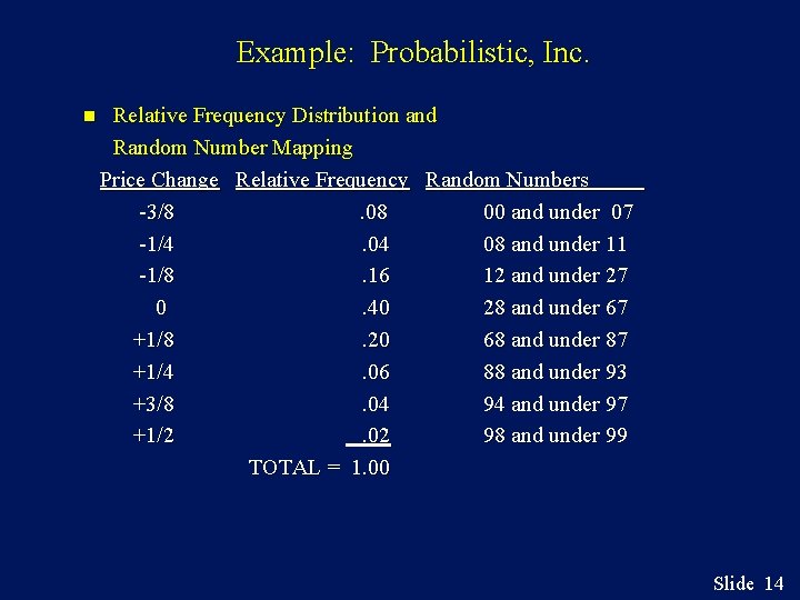 Example: Probabilistic, Inc. n Relative Frequency Distribution and Random Number Mapping Price Change Relative