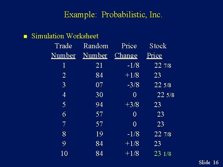 Example: Probabilistic, Inc. n Simulation Worksheet Trade Random Price Stock Number Change Price 1
