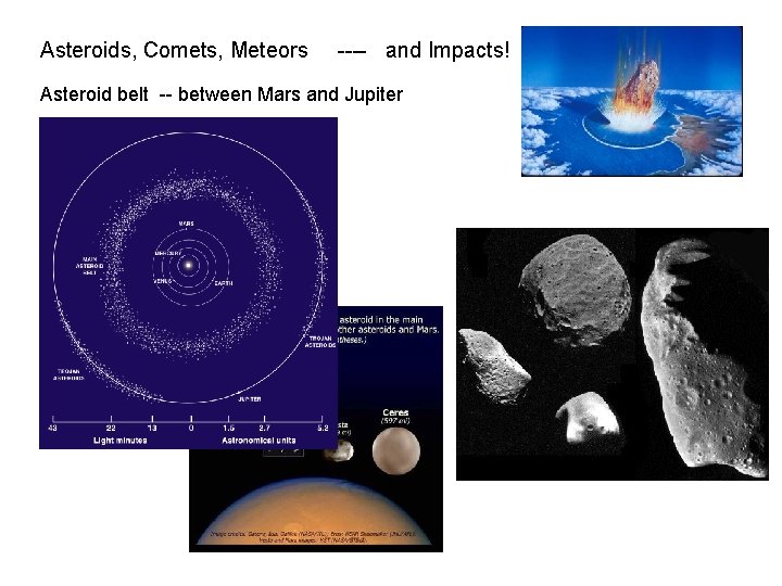 Asteroids, Comets, Meteors ---- and Impacts! Asteroid belt -- between Mars and Jupiter 