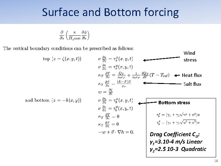 Surface and Bottom forcing Wind stress Heat flux Salt flux Bottom stress Drag Coefficient Surface and Bottom forcing Wind stress Heat flux Salt flux Bottom stress Drag Coefficient