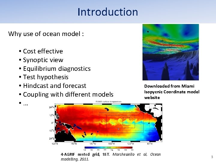 Introduction Why use of ocean model : • Cost effective • Synoptic view • Introduction Why use of ocean model : • Cost effective • Synoptic view •
