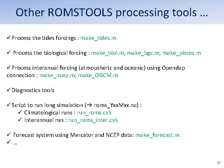 Other ROMSTOOLS processing tools … üProcess the tides forcings : make_tides. m ü Process Other ROMSTOOLS processing tools … üProcess the tides forcings : make_tides. m ü Process
