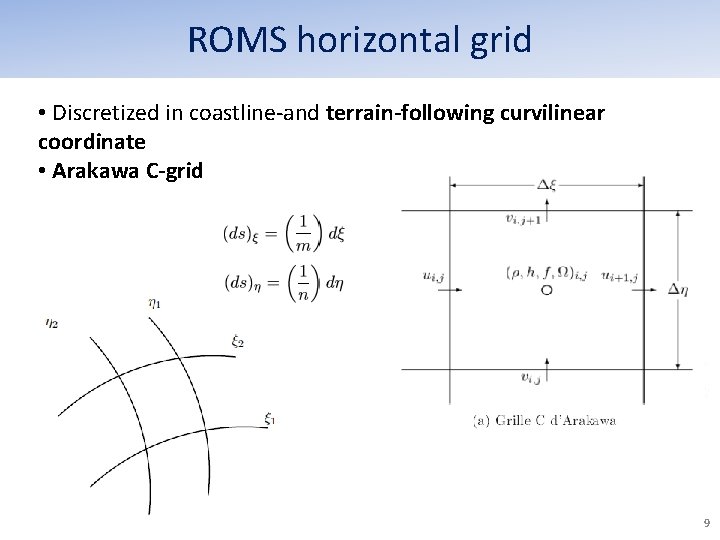 ROMS horizontal grid • Discretized in coastline-and terrain-following curvilinear coordinate • Arakawa C-grid 9 ROMS horizontal grid • Discretized in coastline-and terrain-following curvilinear coordinate • Arakawa C-grid 9