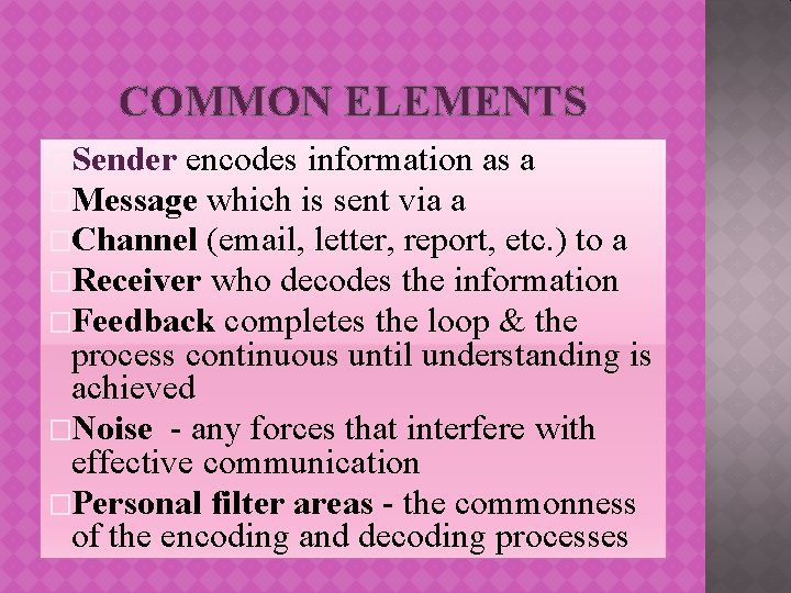 COMMON ELEMENTS �Sender encodes information as a �Message which is sent via a �Channel
