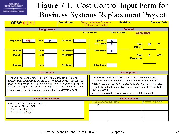 Figure 7 -1. Cost Control Input Form for Business Systems Replacement Project IT Project