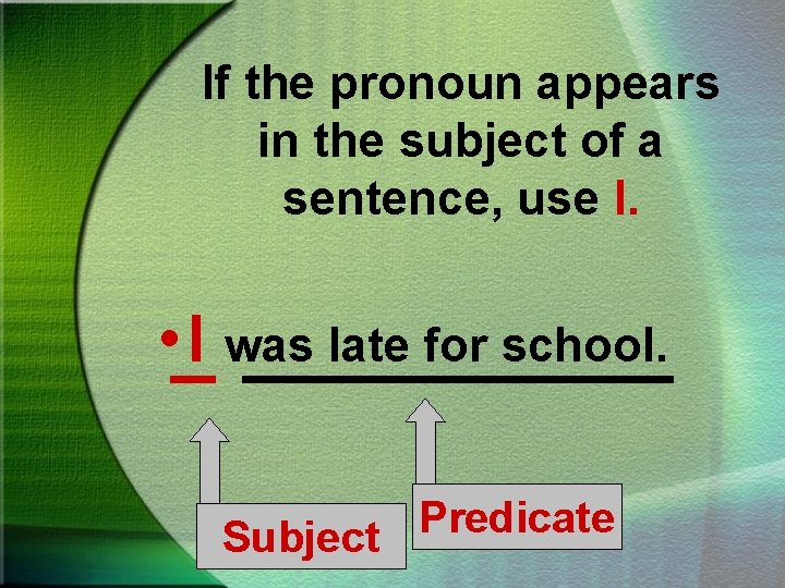 If the pronoun appears in the subject of a sentence, use I. • I