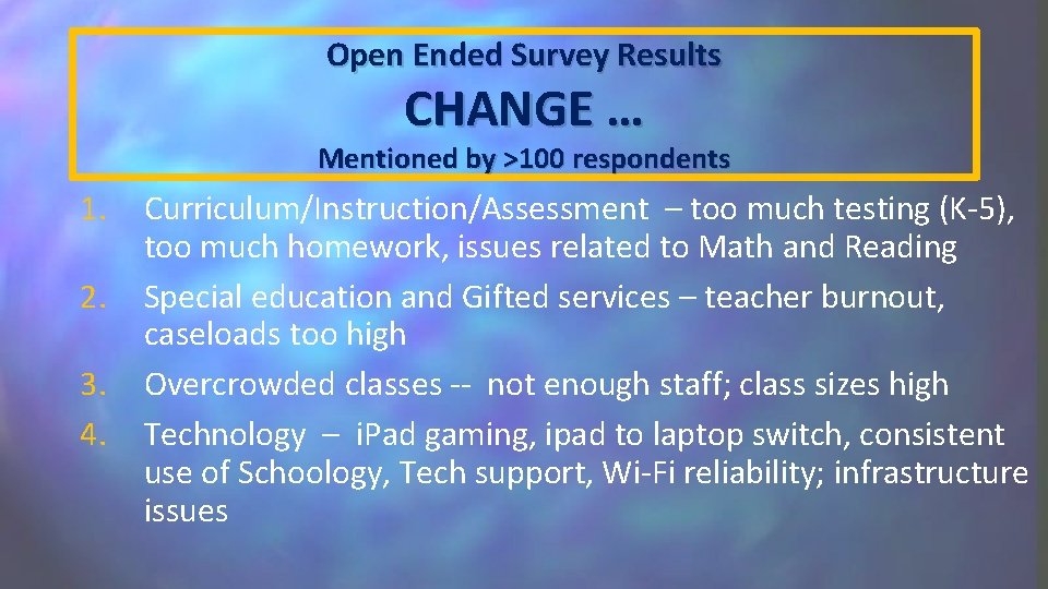 Open Ended Survey Results CHANGE … Mentioned by >100 respondents 1. 2. 3. 4.