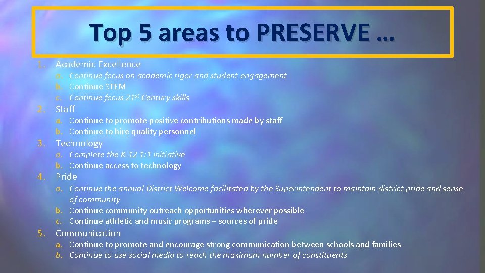 Top 5 areas to PRESERVE … 1. Academic Excellence a. Continue focus on academic