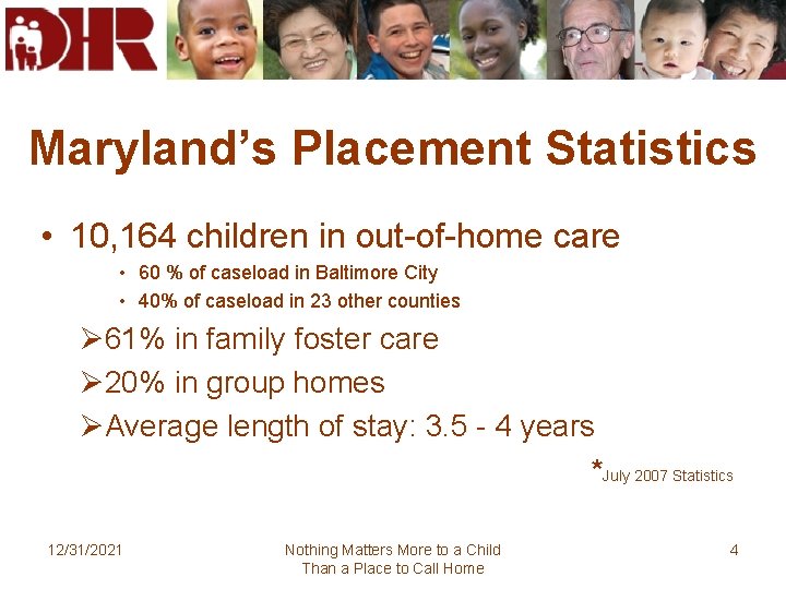 Maryland’s Placement Statistics • 10, 164 children in out-of-home care • 60 % of