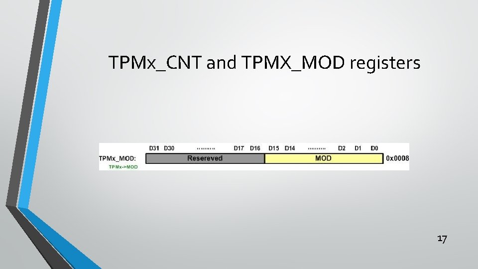 TPMx_CNT and TPMX_MOD registers 17 