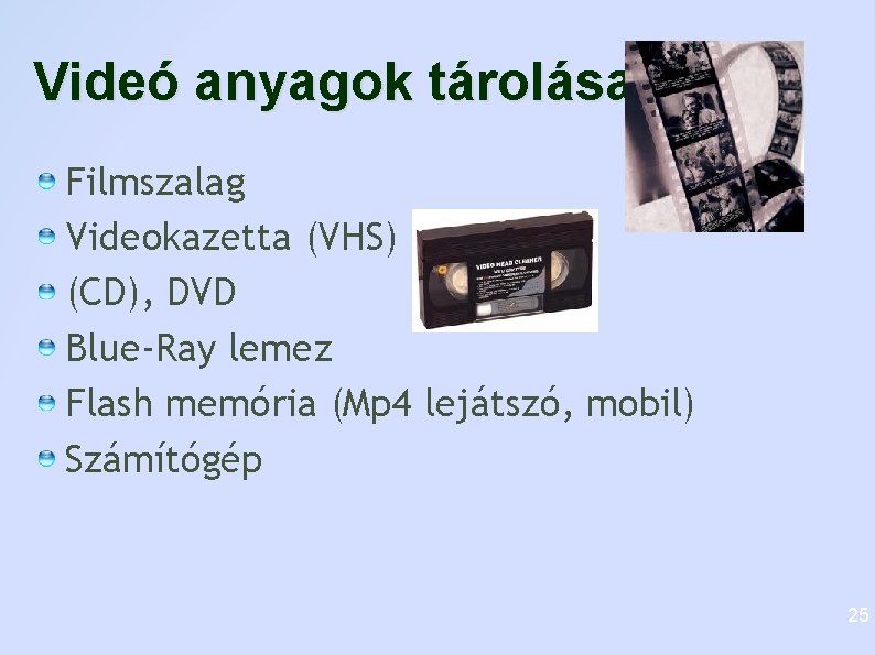 Videó anyagok tárolása Filmszalag Videokazetta (VHS) (CD), DVD Blue-Ray lemez Flash memória (Mp 4