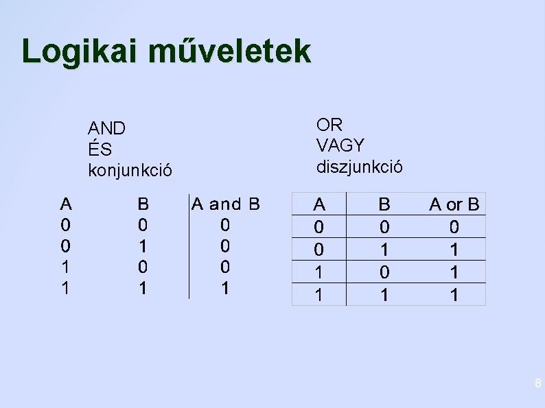 Logikai műveletek AND ÉS konjunkció OR VAGY diszjunkció 8 