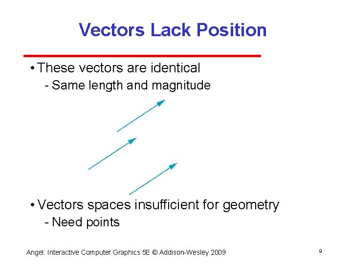 Vectors Lack Position • These vectors are identical Same length and magnitude • Vectors