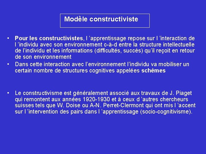 Modèle constructiviste • Pour les constructivistes, l ’apprentissage repose sur l ’interaction de l