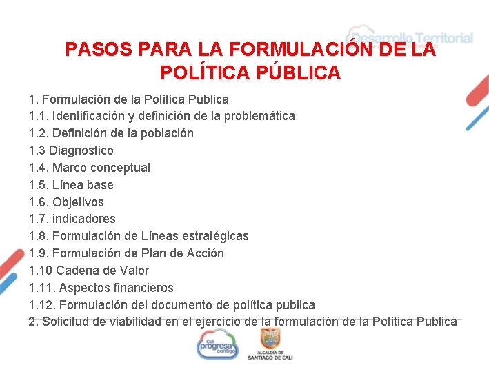 PASOS PARA LA FORMULACIÓN DE LA POLÍTICA PÚBLICA 1. Formulación de la Política Publica