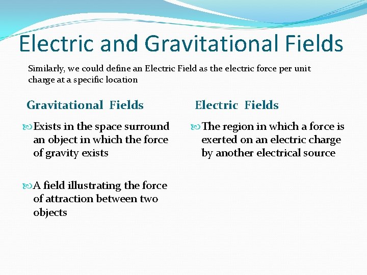 Electric and Gravitational Fields Similarly, we could define an Electric Field as the electric