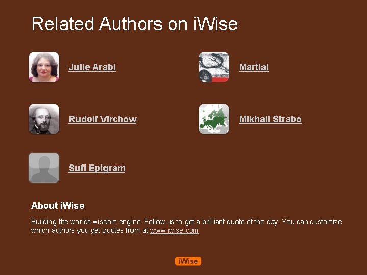 Related Authors on i. Wise Julie Arabi Martial Rudolf Virchow Mikhail Strabo Sufi Epigram