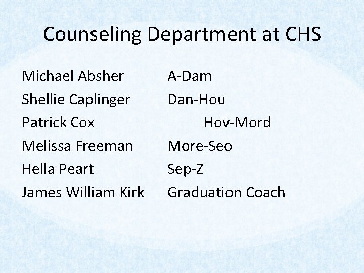 Counseling Department at CHS Michael Absher Shellie Caplinger Patrick Cox Melissa Freeman Hella Peart