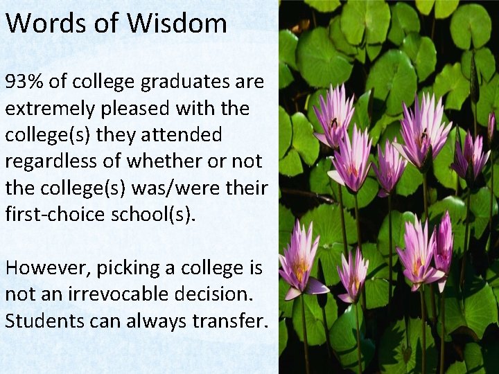 Words of Wisdom 93% of college graduates are extremely pleased with the college(s) they