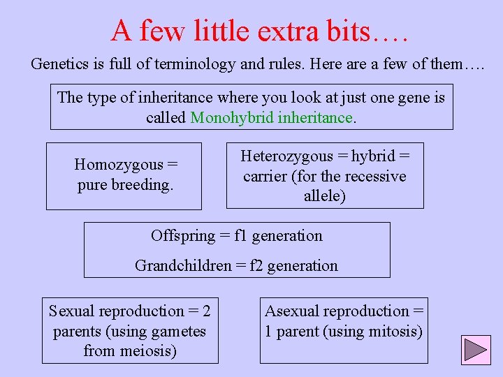 A few little extra bits…. Genetics is full of terminology and rules. Here a