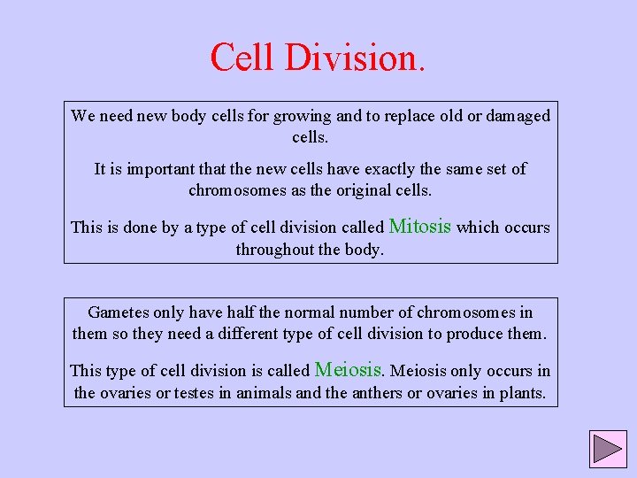 Cell Division. We need new body cells for growing and to replace old or