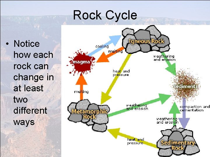 Rock Cycle • Notice how each rock can change in at least two different