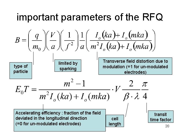 important parameters of the RFQ type of particle limited by sparking Accelerating efficiency :