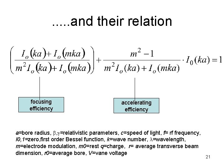 . . . and their relation focusing efficiency accelerating efficiency a=bore radius, , =relativistic