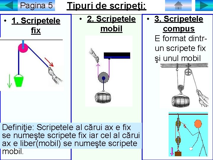 Pagina 5 • 1. Scripetele fix Tipuri de scripeţi: • 2. Scripetele mobil Definiţie: