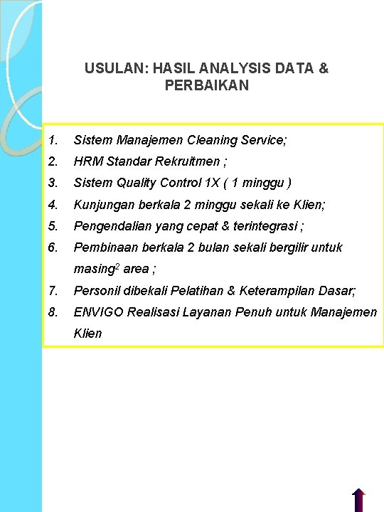 USULAN: HASIL ANALYSIS DATA & PERBAIKAN 1. Sistem Manajemen Cleaning Service; 2. HRM Standar