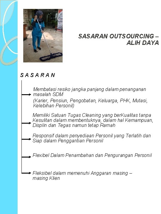 SASARAN OUTSOURCING – ALIH DAYA SASARAN Membatasi resiko jangka panjang dalam penanganan masalah SDM