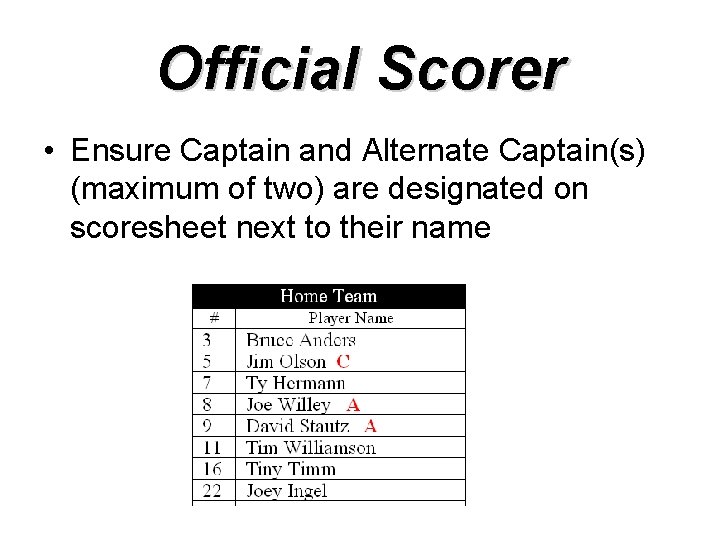 Official Scorer • Ensure Captain and Alternate Captain(s) (maximum of two) are designated on