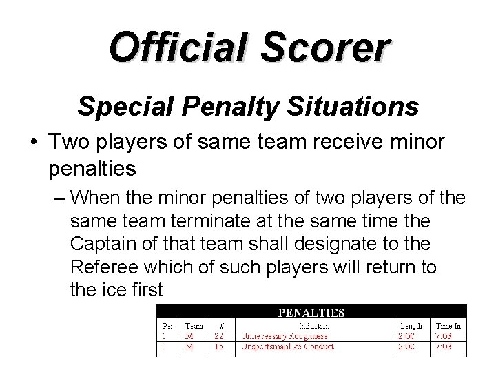 Official Scorer Special Penalty Situations • Two players of same team receive minor penalties