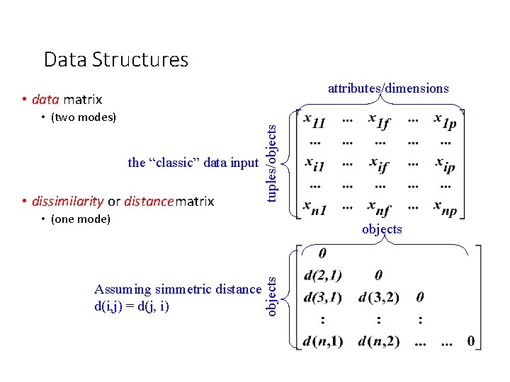 Data Structures attributes/dimensions • (two modes) the “classic” data input • dissimilarity or distancematrix