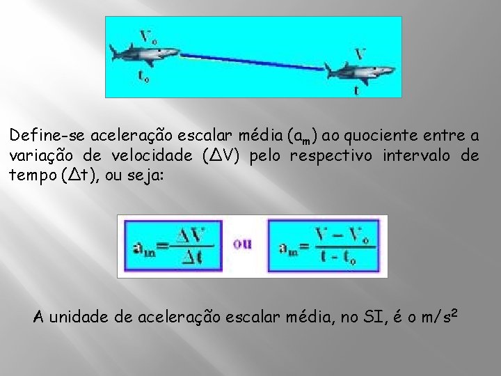 Define-se aceleração escalar média (am) ao quociente entre a variação de velocidade (ΔV) pelo