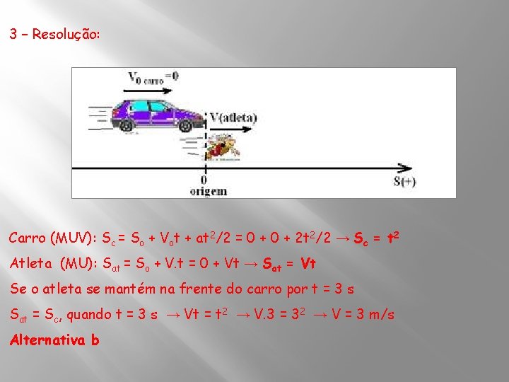 3 – Resolução: Carro (MUV): Sc = So + Vot + at 2/2 =