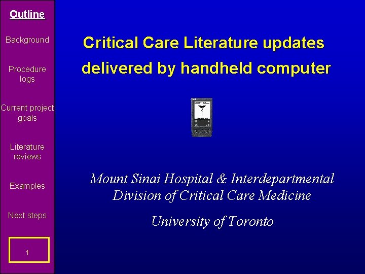 Outline Background Procedure logs Critical Care Literature updates delivered by handheld computer Current project