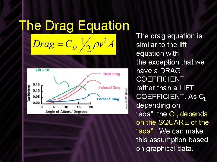 The Drag Equation The drag equation is similar to the lift equation with the