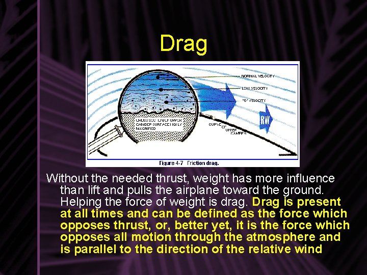 Drag Without the needed thrust, weight has more influence than lift and pulls the Drag Without the needed thrust, weight has more influence than lift and pulls the
